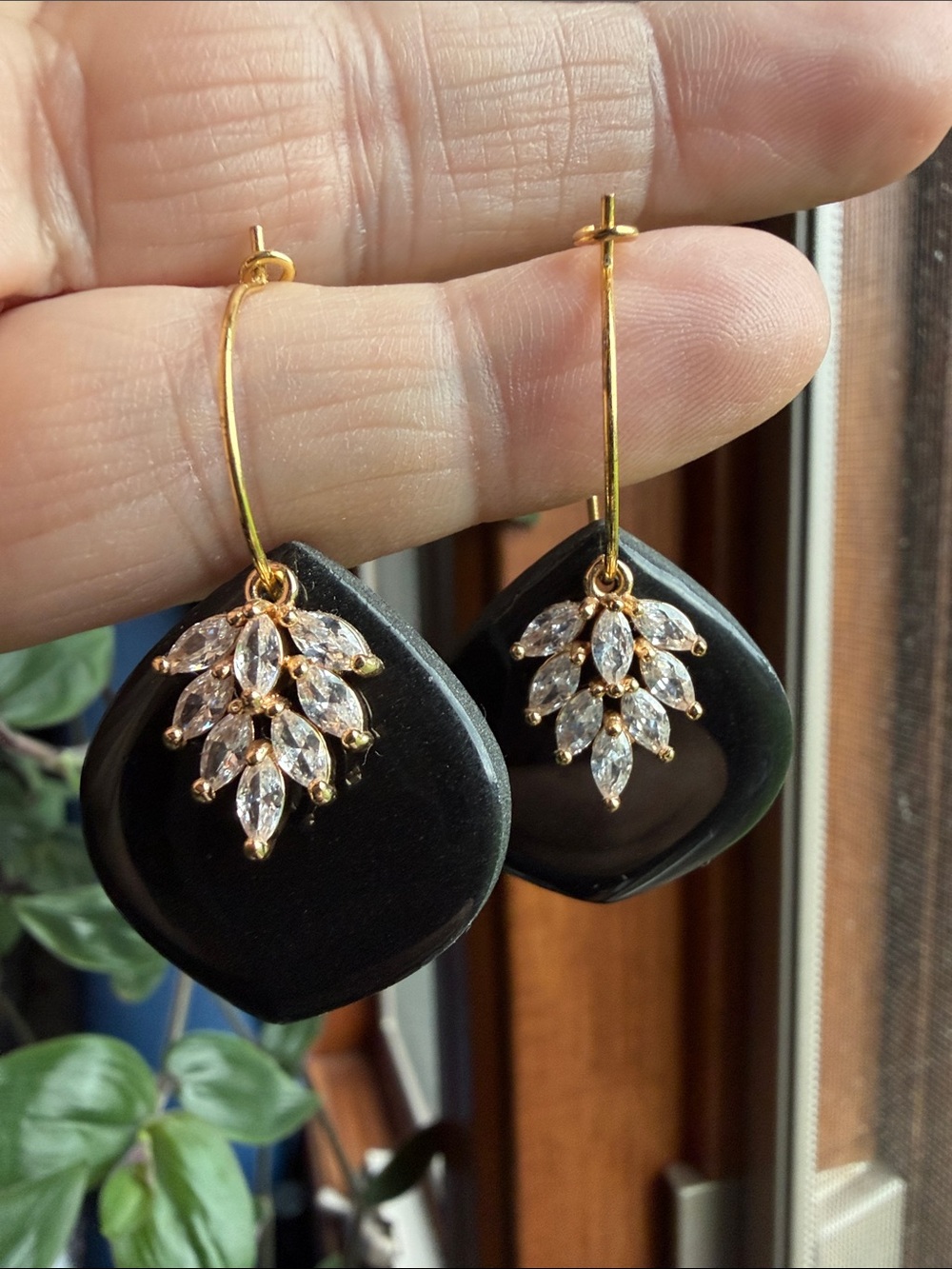 Gold Hoop Earrings with Black Drops and Crystal Leaf Accents